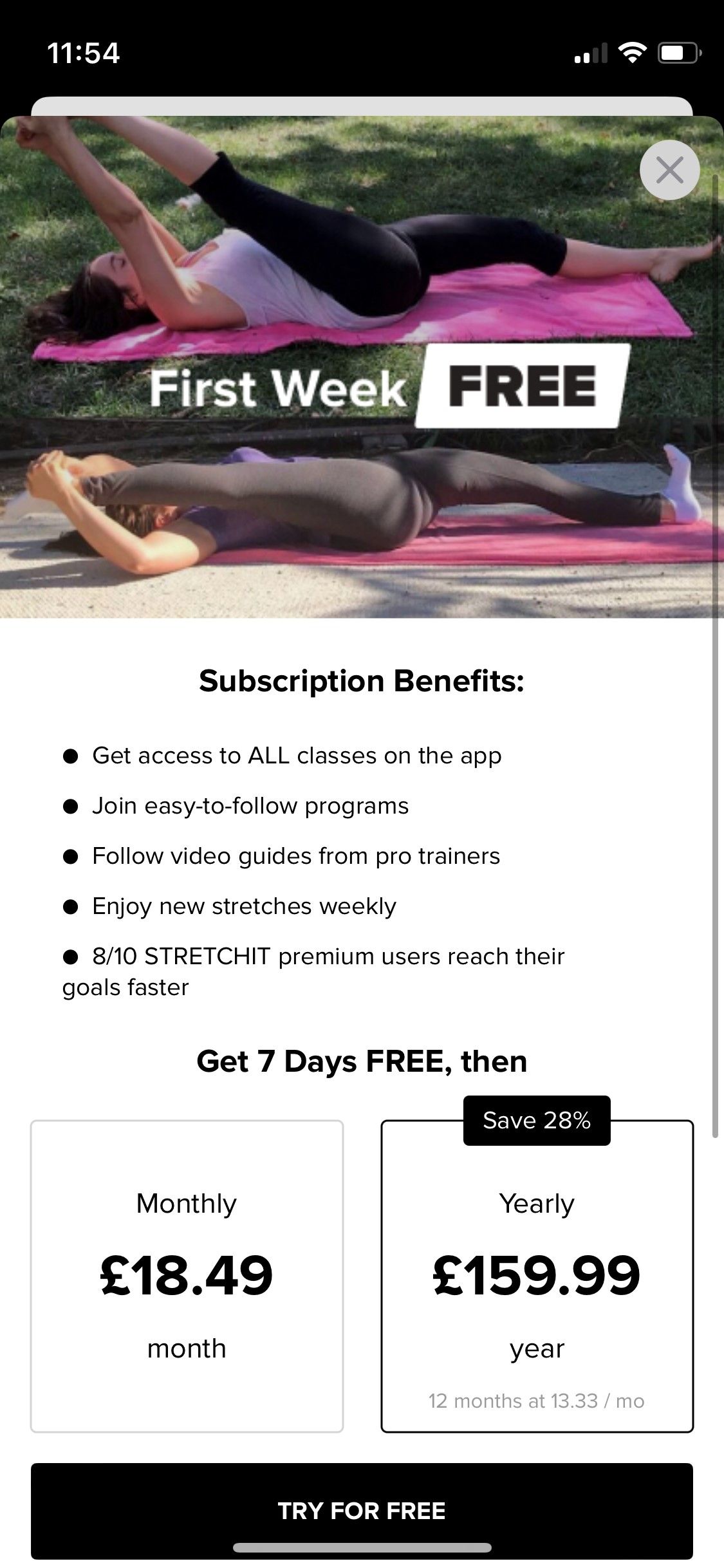 Capture d'écran des avantages de l'abonnement à StretchIT App
