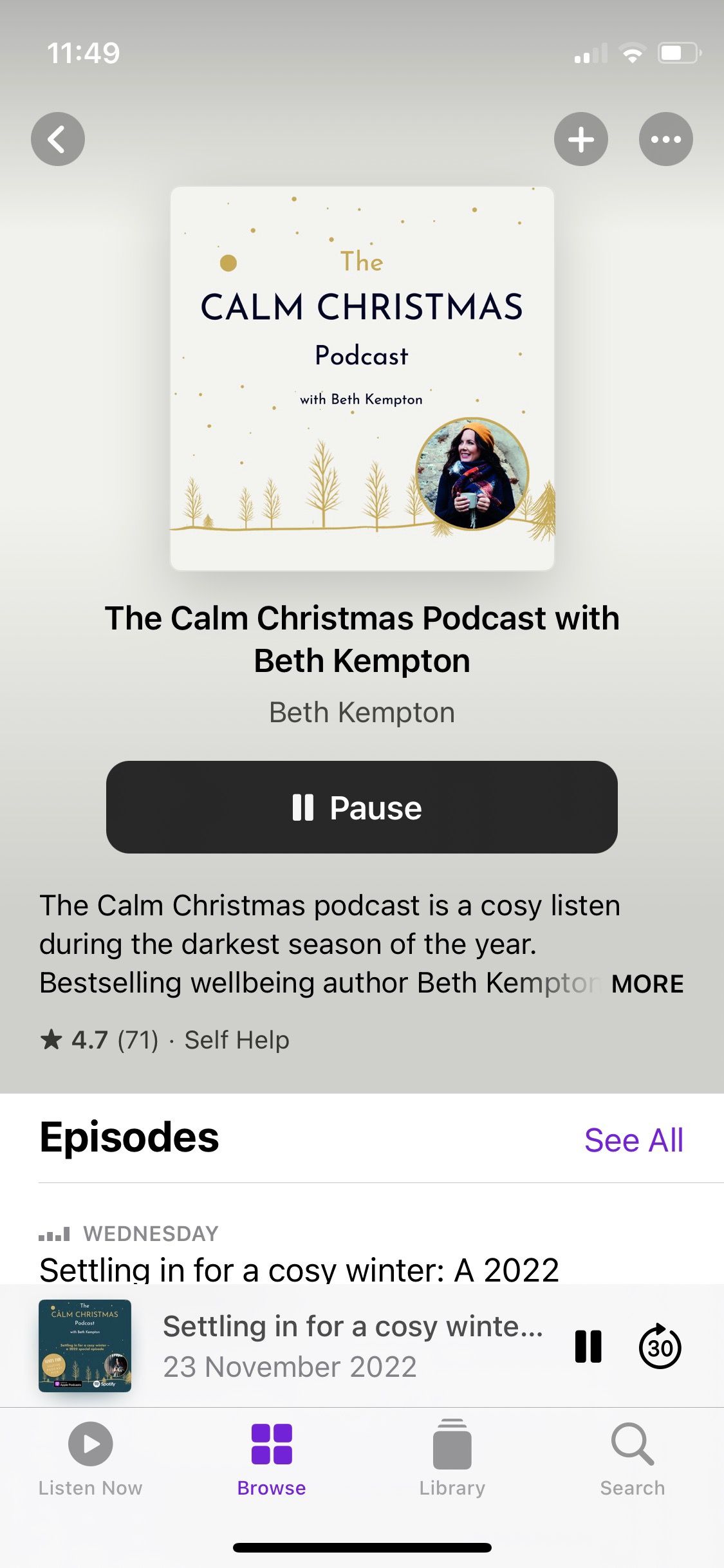 Screenshot of The Calm Christmas Podcast home screen
