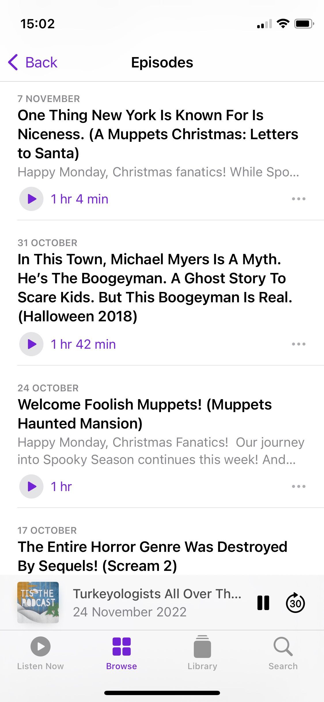Capture d'écran de Tis the Podcast montrant la liste des épisodes