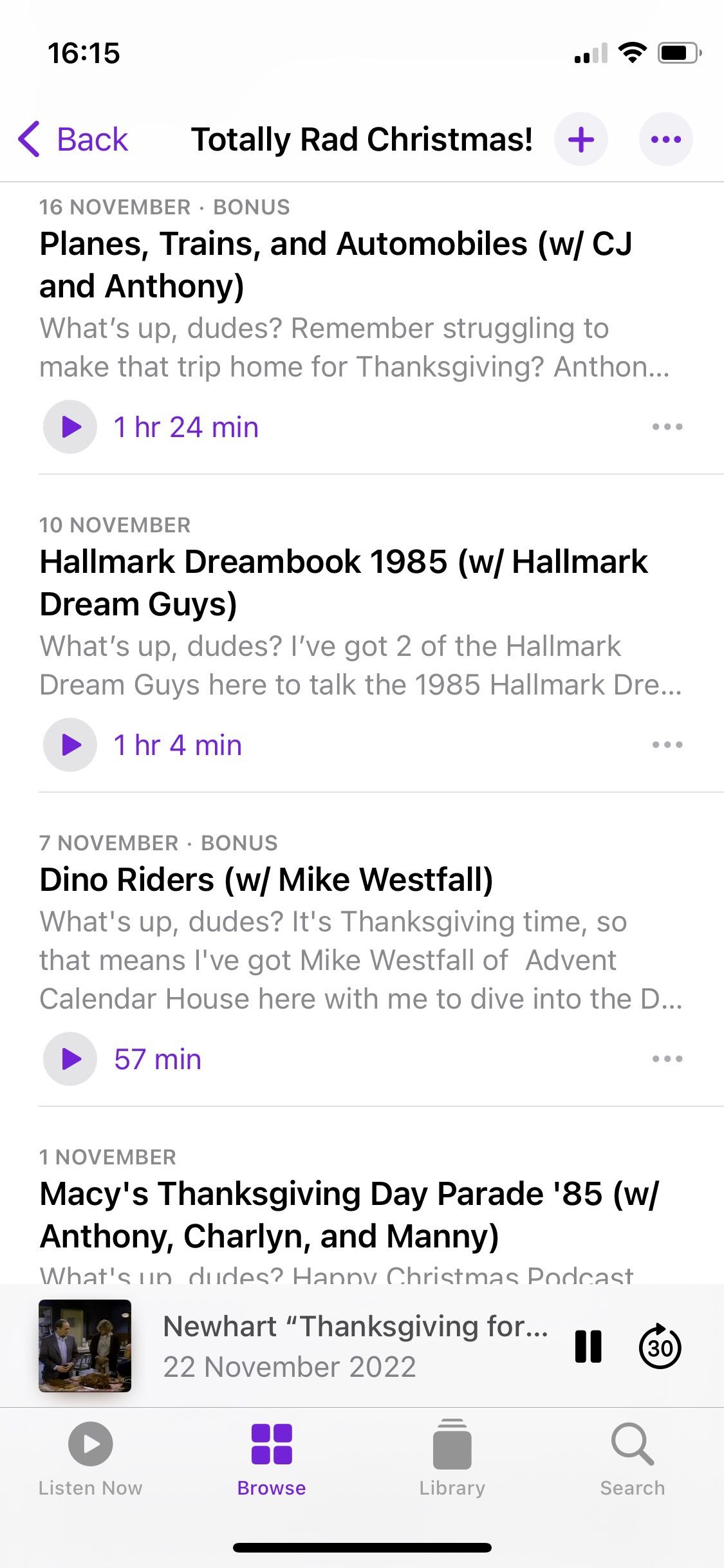 Screenshot of the Totally Rad Christmas podcast showing the episode list