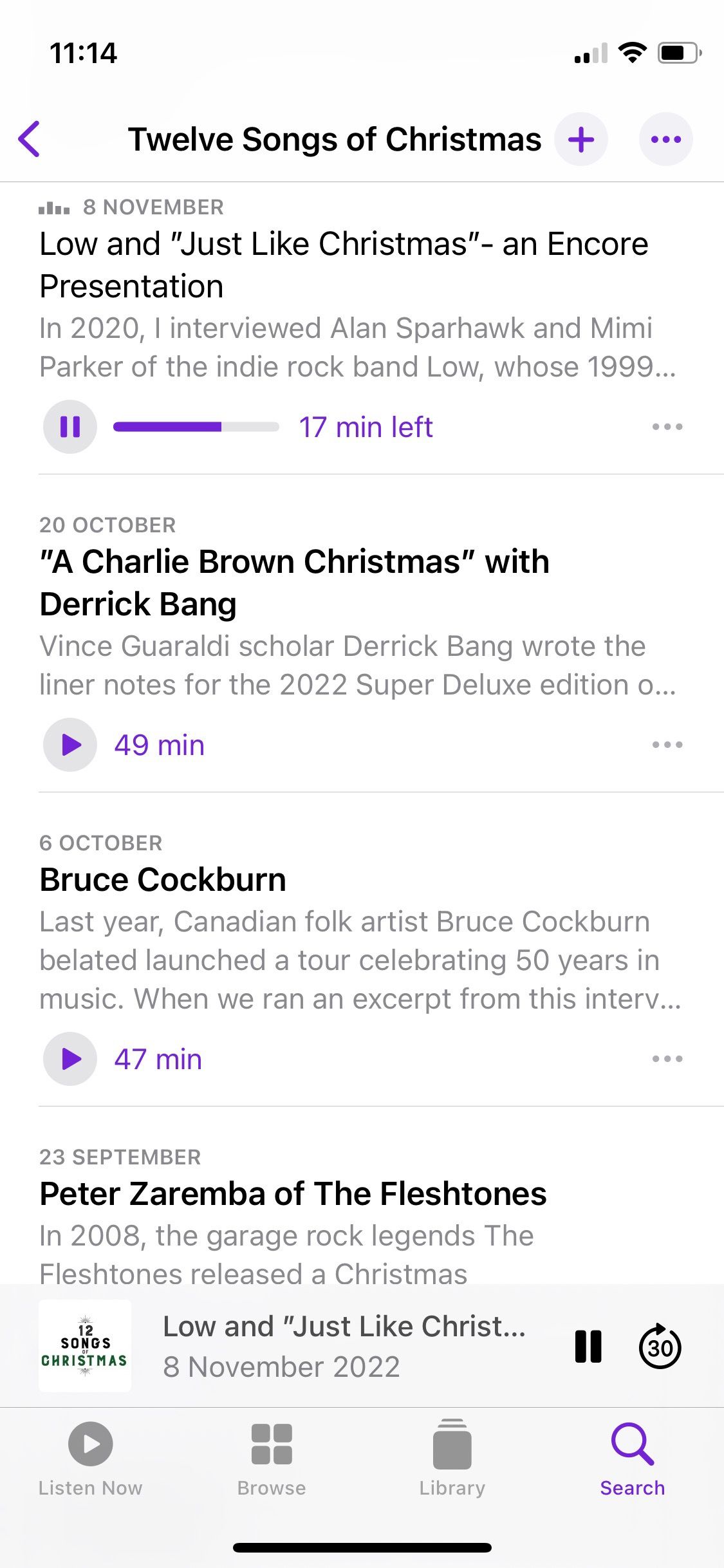 Screenshot of Twelve Songs of Christmas podcast showing episode list