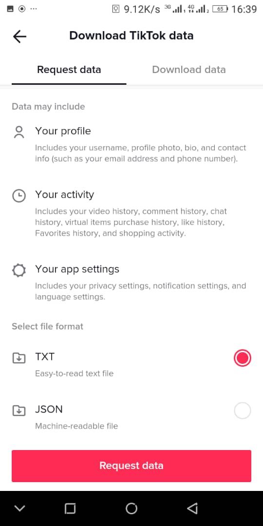 screenshot showing download tiktok data page on android