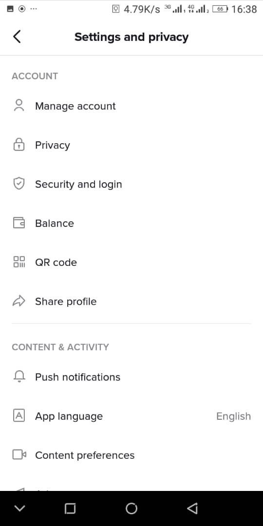 screenshot showing tiktok settings page on android