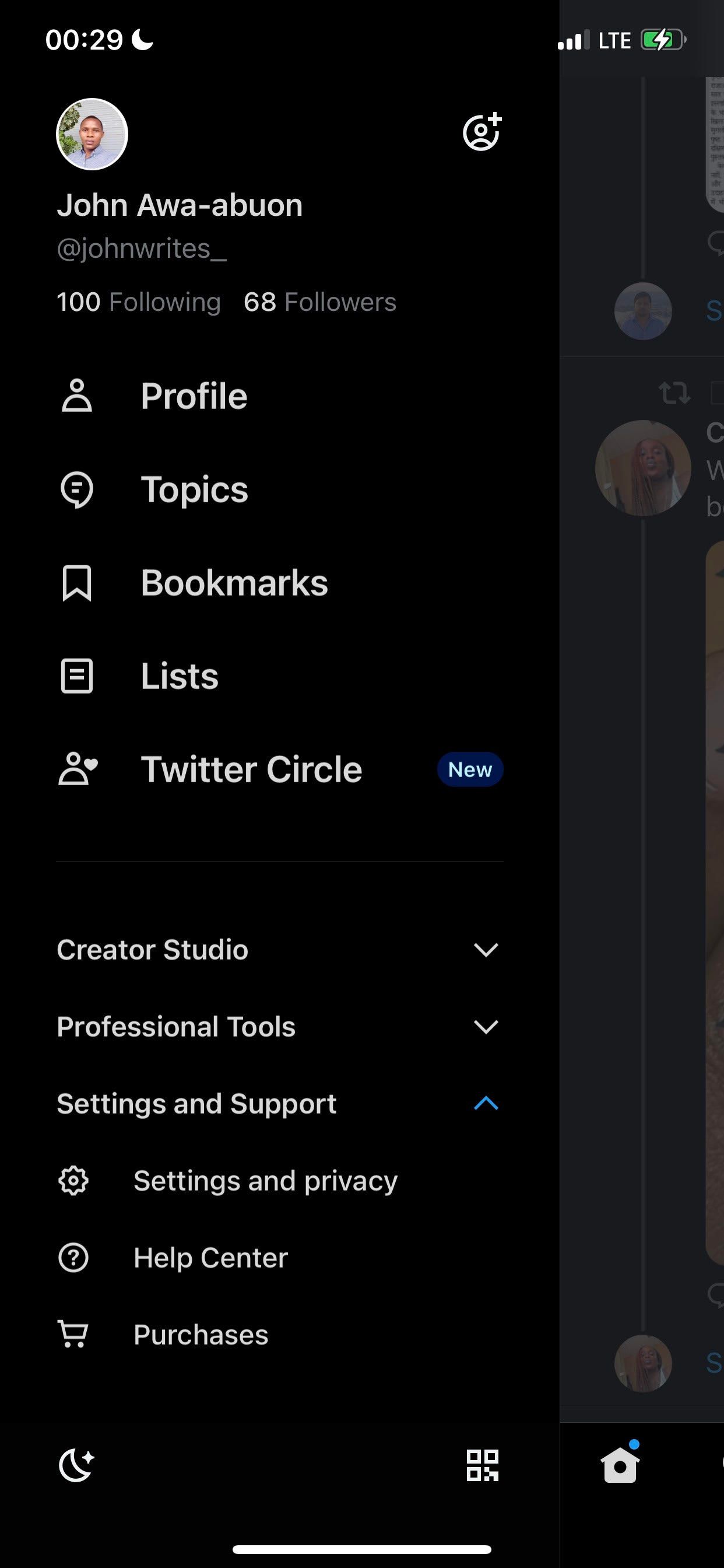 screenshot showing Twitter menu