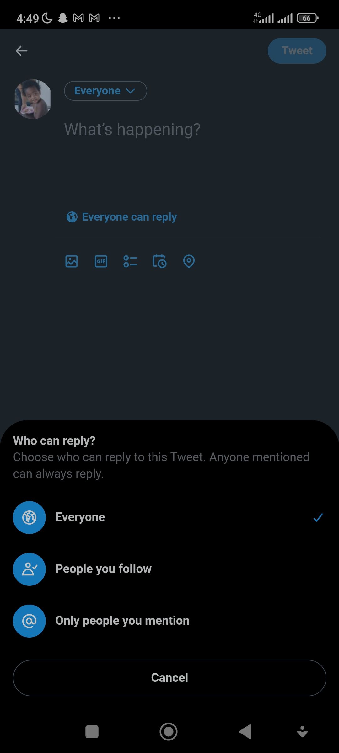 Twitter app screen with option to select who can reply to your tweet