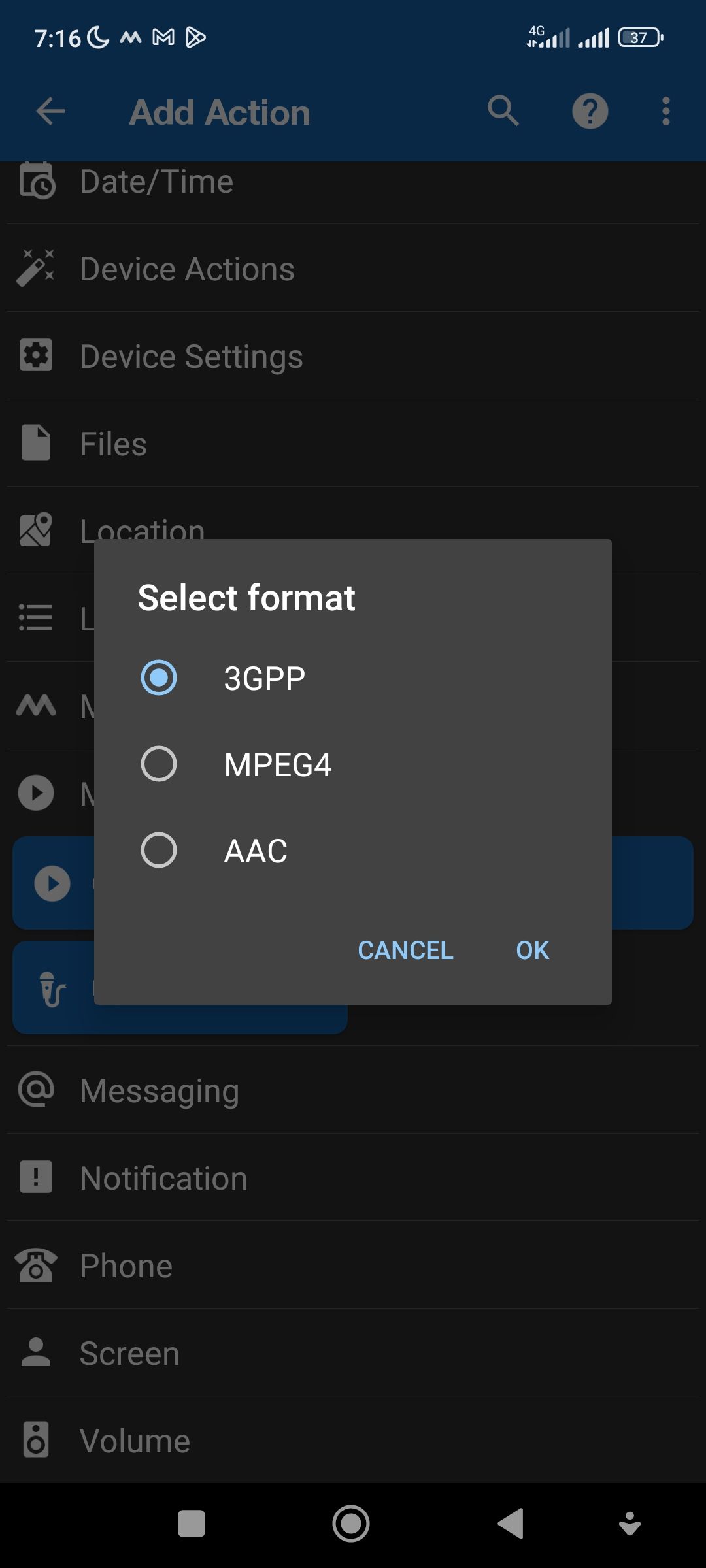 Selecting a recording format on MacroDroid