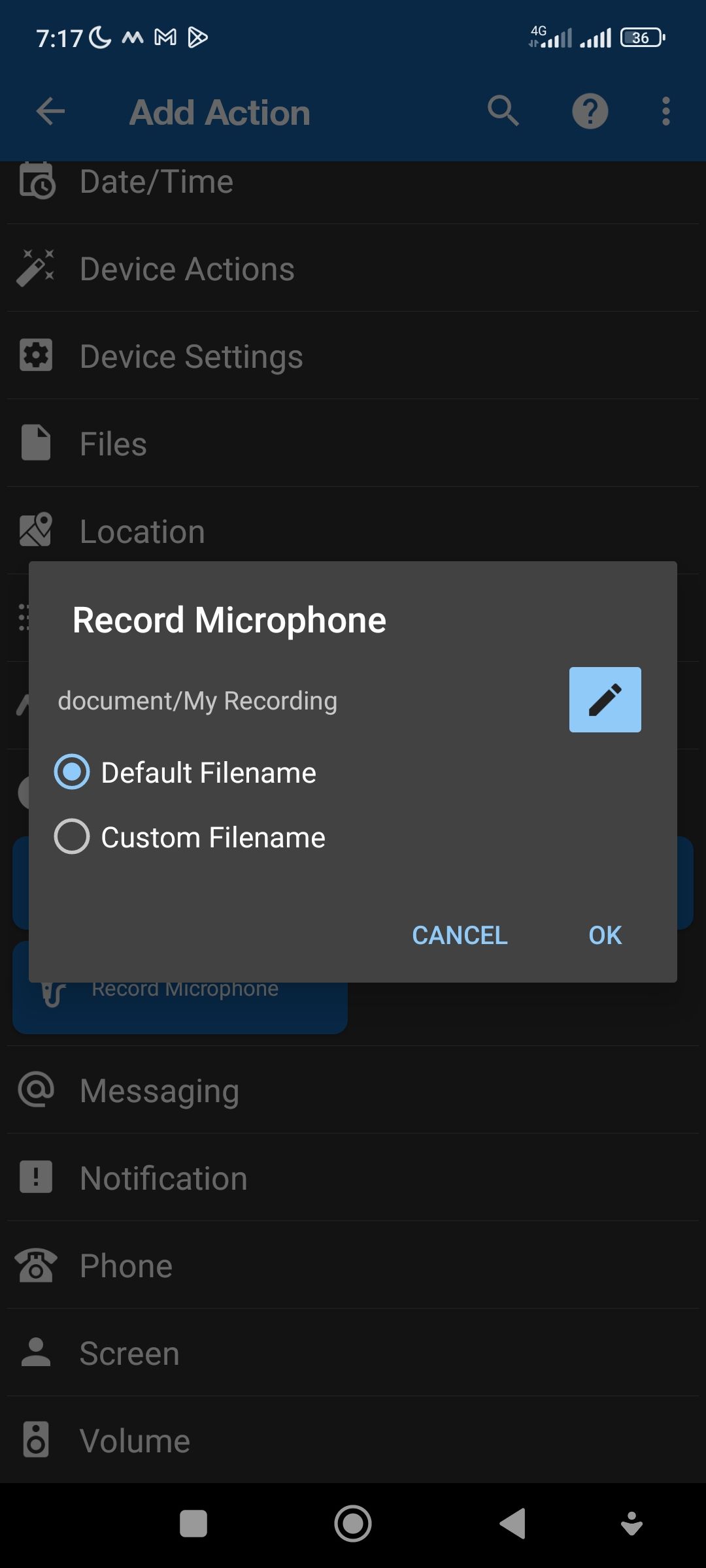 Setting up storage location for audio recording on MacroDroid