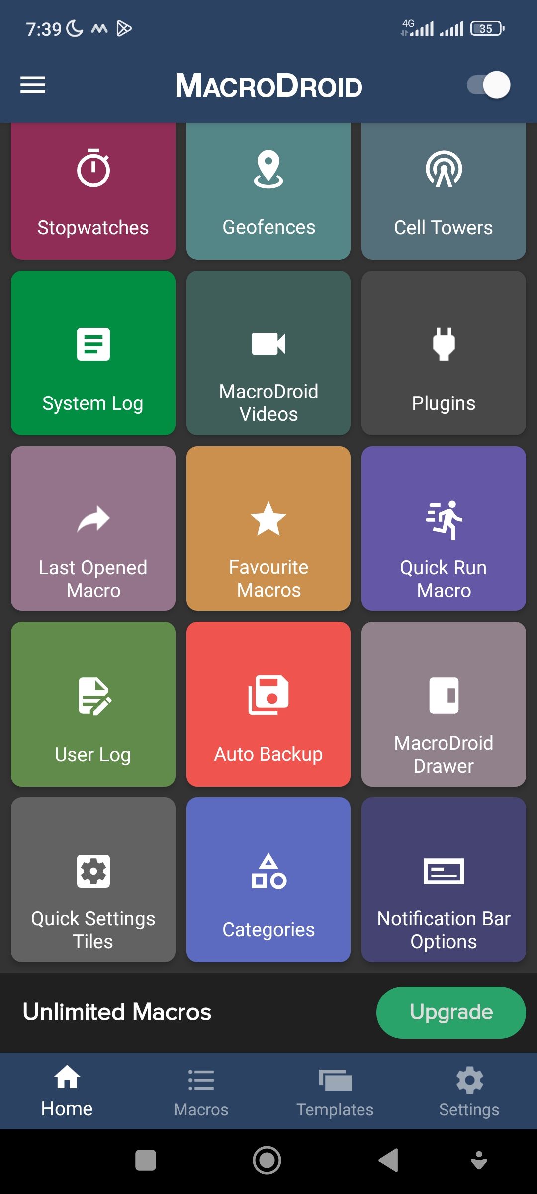 Quick settings tiles option on MacroDroid home screen