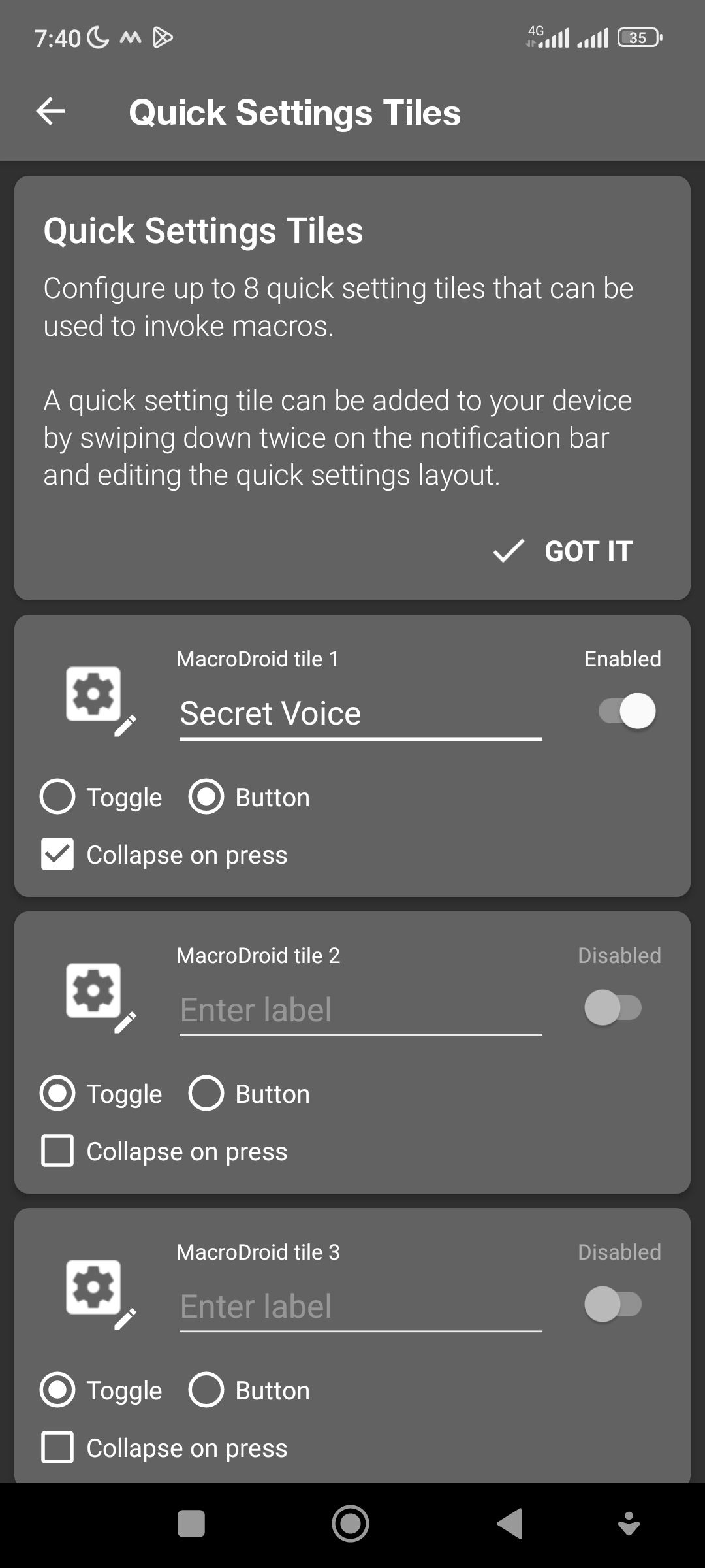 Configuring a quick settings tile on Android