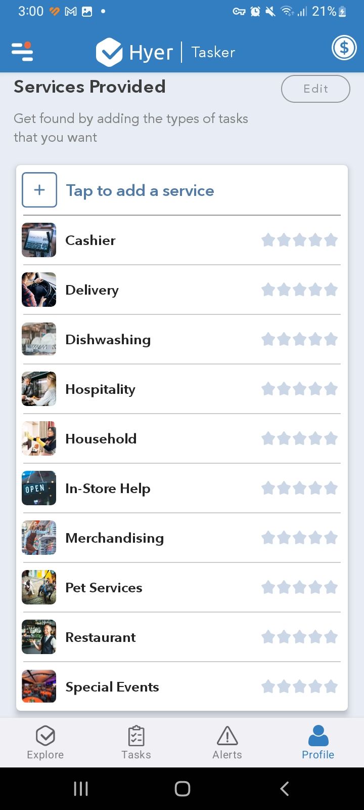 Hyer app Services Provided List for Taskers