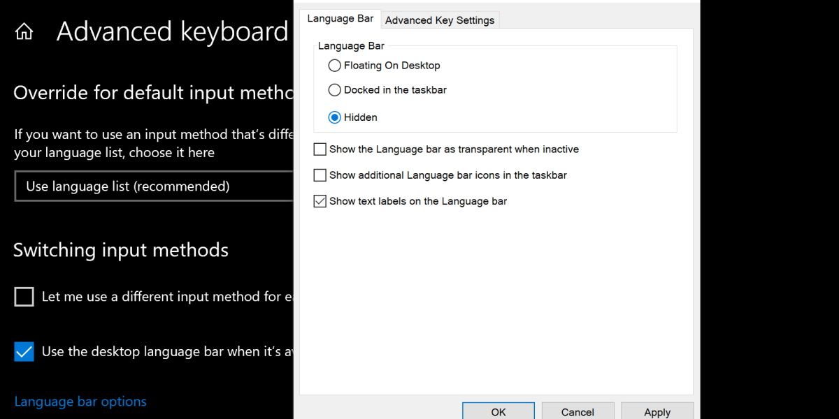 tangkapan layar pengaturan keyboard tingkat lanjut di windows 11