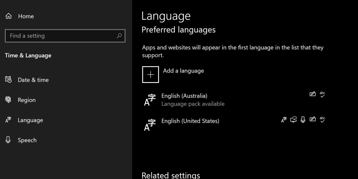 screenshot of the keyboard language settings 