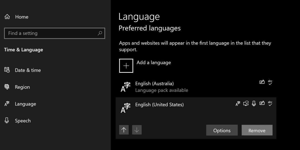 captura de pantalla de la eliminación de un idioma de la configuración de idioma del teclado