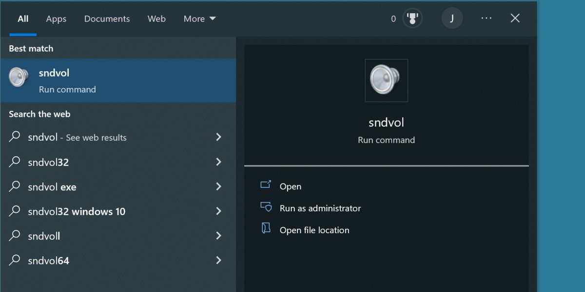 screenshot of searching sndvol in Windows 11