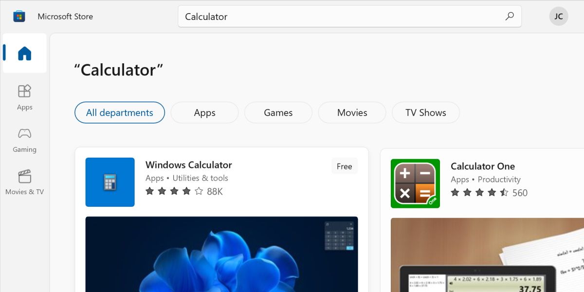 screenshot of the windows store calculator search
