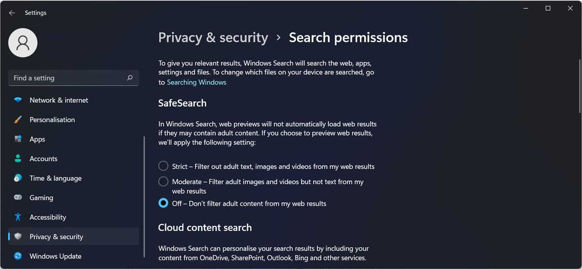 SafeSearch settings in Windows 11