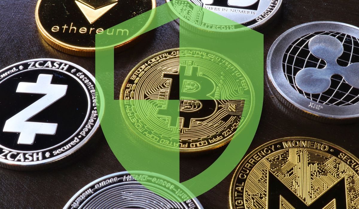 Green shield symbol seen over cryptocurrency coins