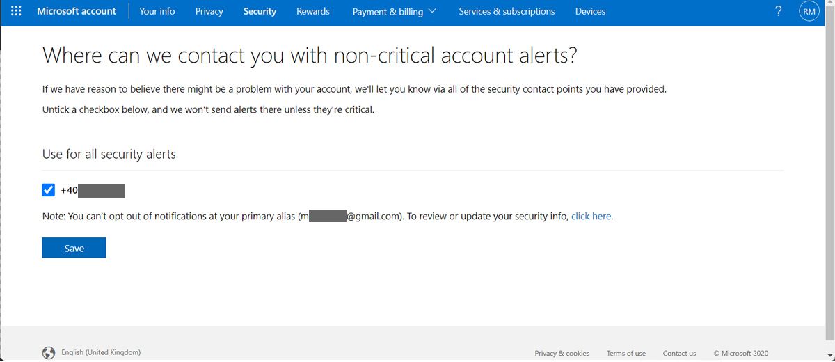 Notificaciones de seguridad de la cuenta de Microsoft