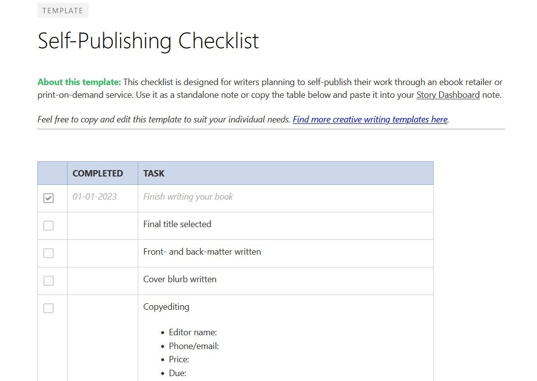 Self-Publishing Checklist for Creative Writers on Evernote