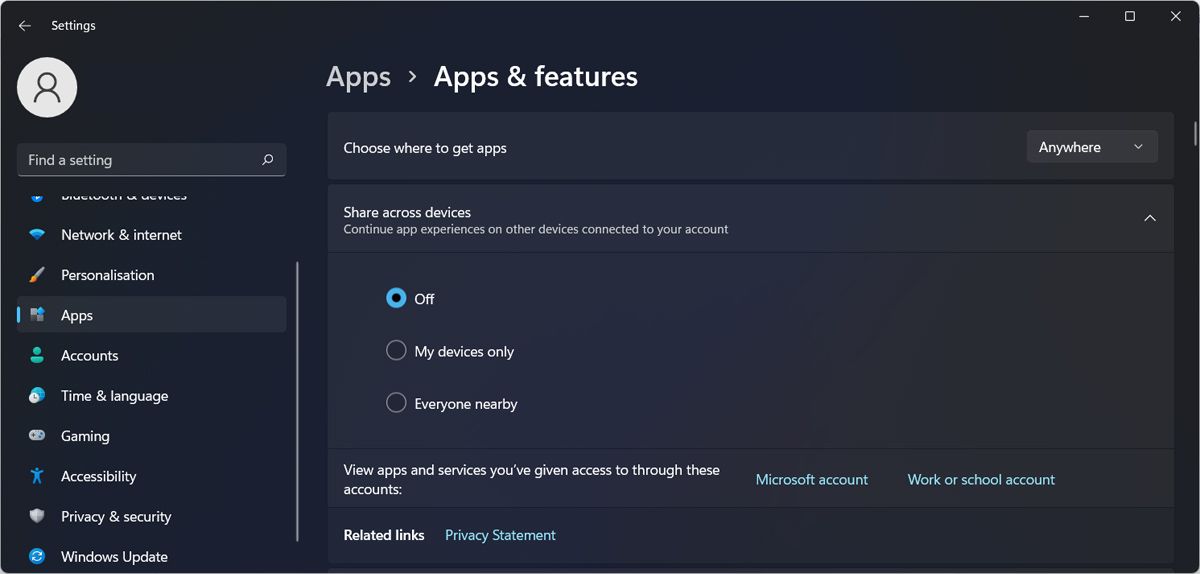 Turn off Shared Experiences in Windows