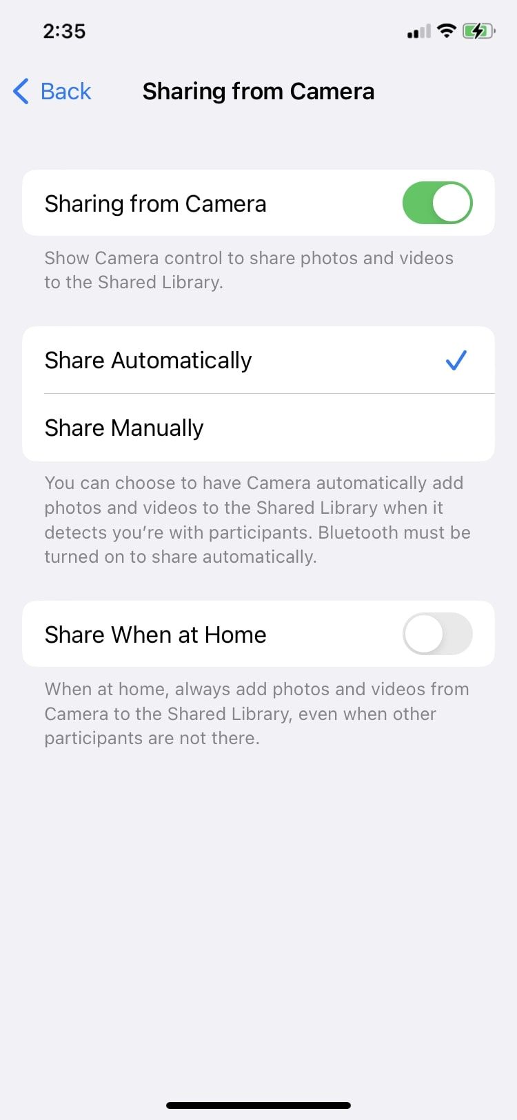 sharing from camera options