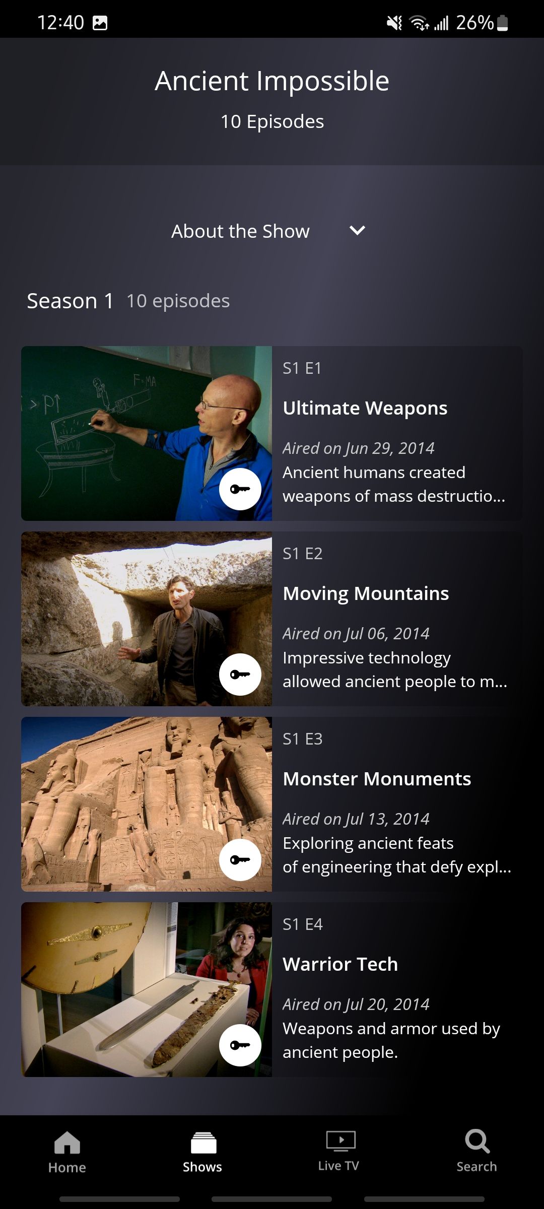 showing first four episodes of ancient impossible show on history channel app