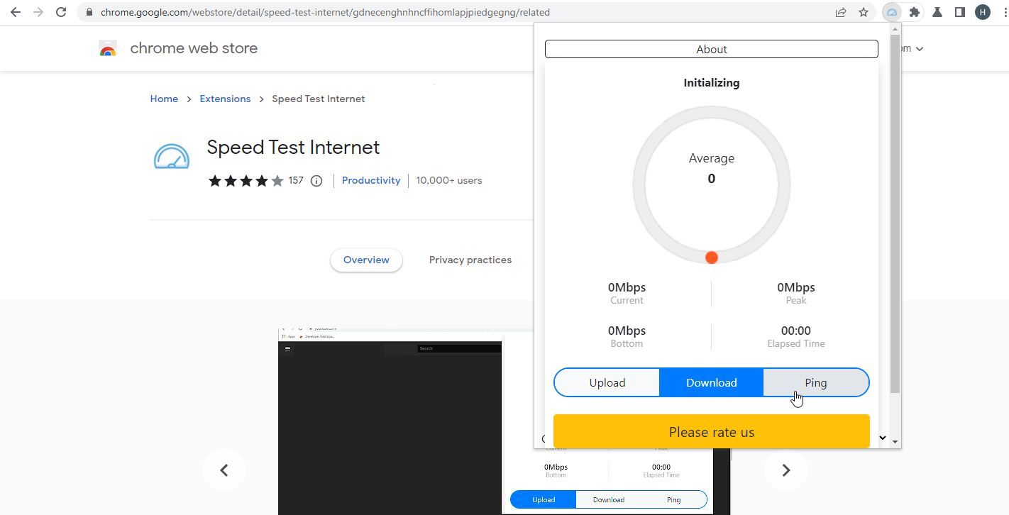 Screenshot of Speed ​​Test Internet Chrome Extension in Use