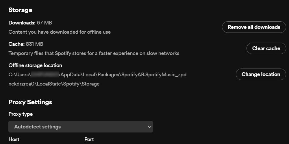 the storage section of spotify settings