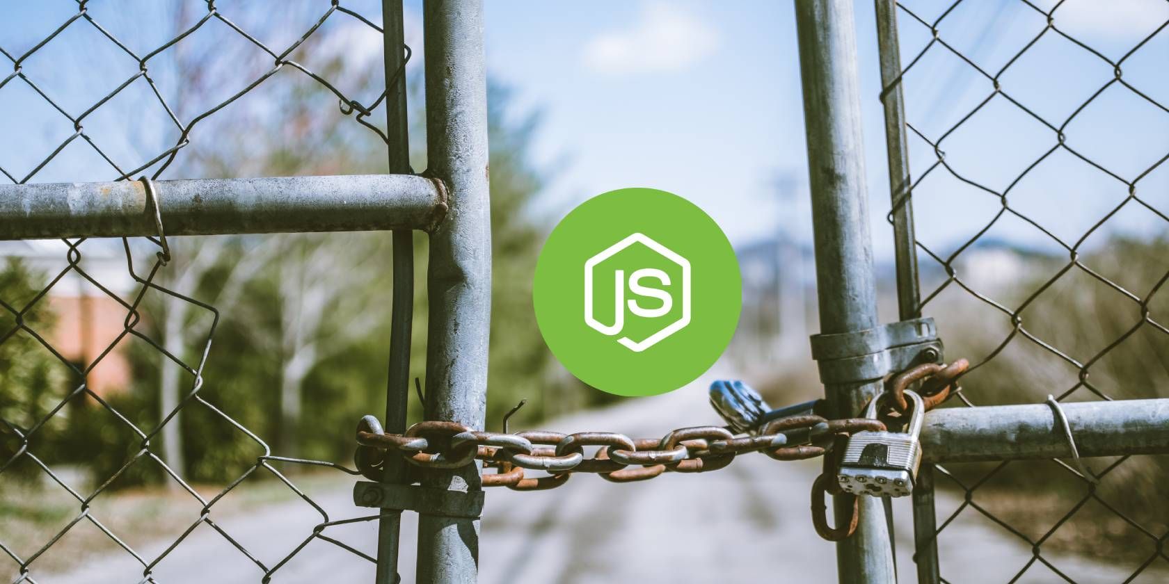 Two metal fence panels joined by a chain with a large gap between them. In the gap is a green Node.js logo.
