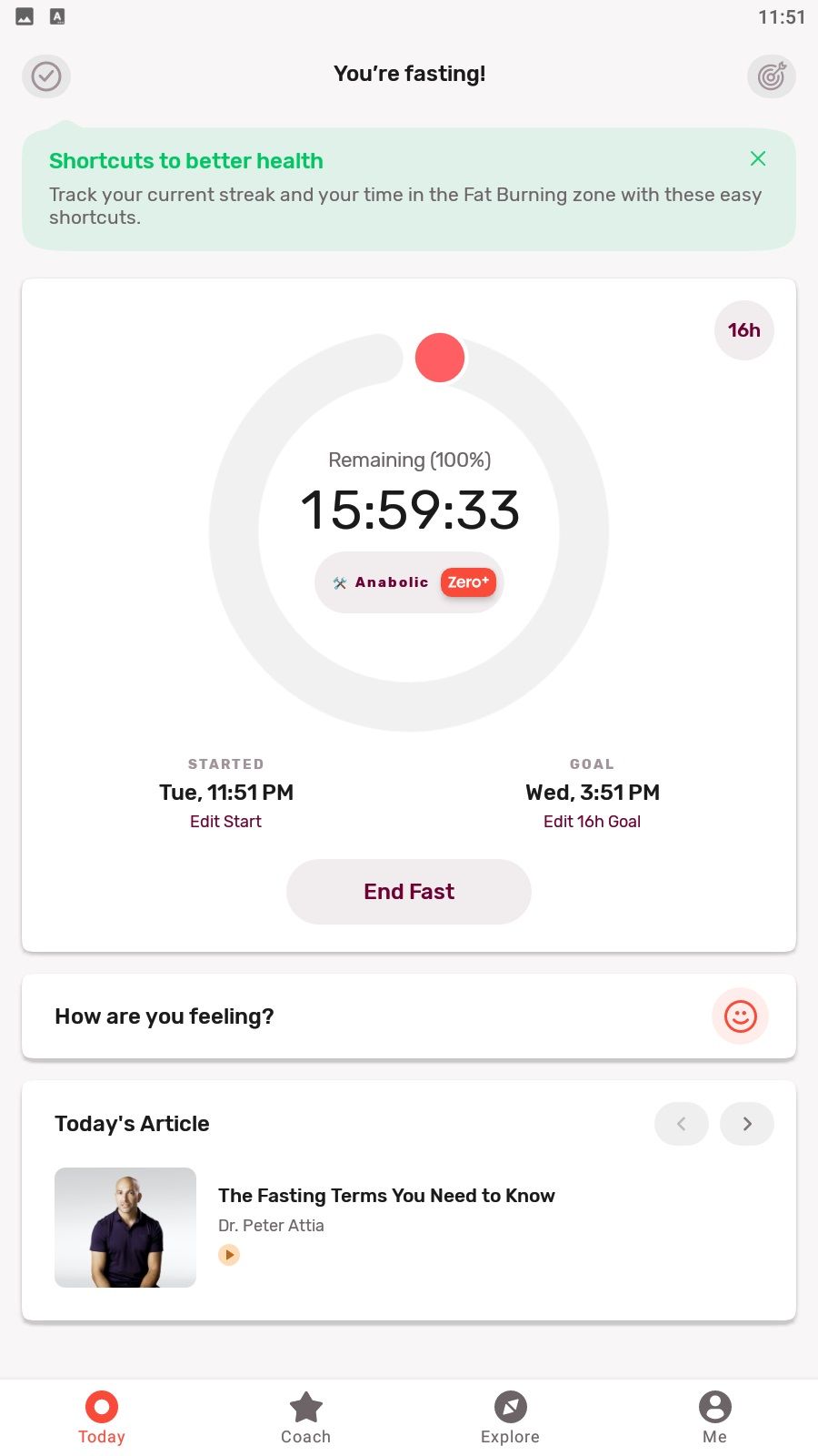 Fasting timer on the Zero app