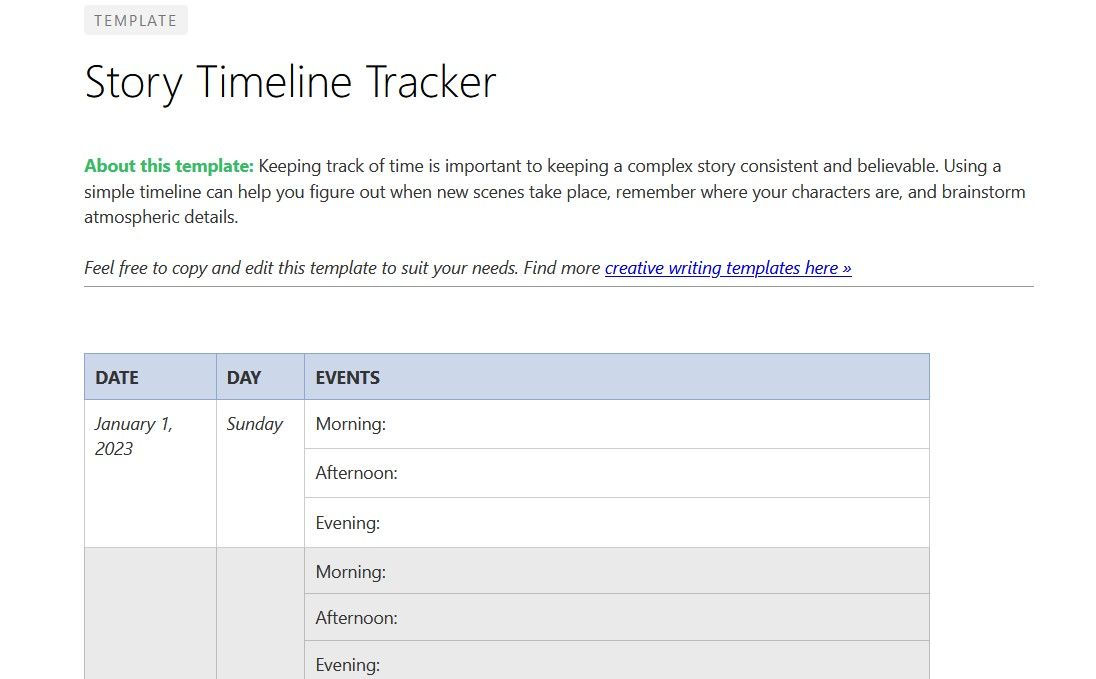 Story Timeline Tracker Template on Evernote