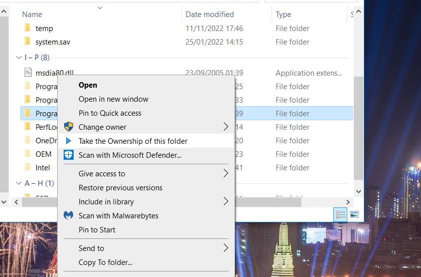 A Take the Ownership of this folder context menu option 