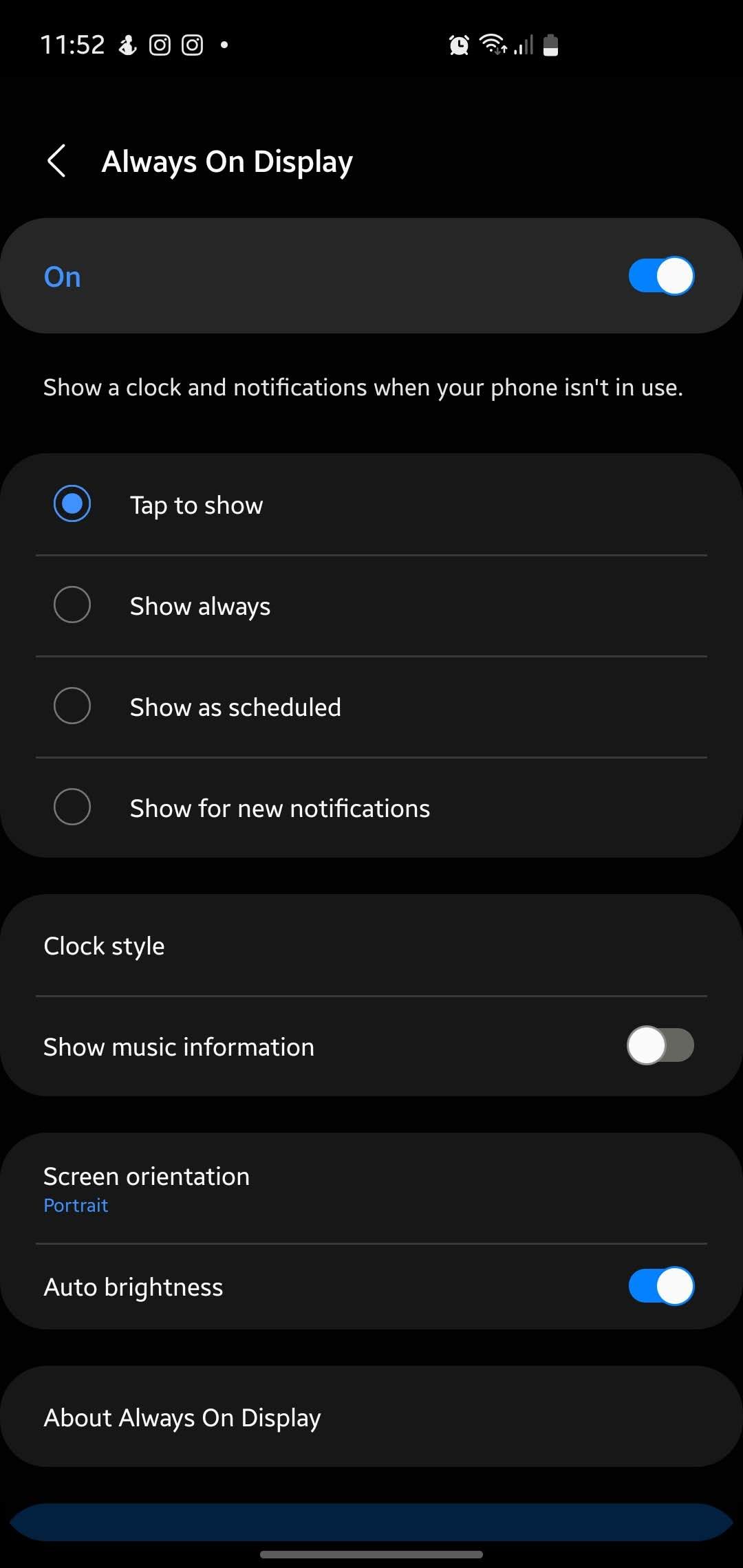 Always On Display settings page on Samsung Phone