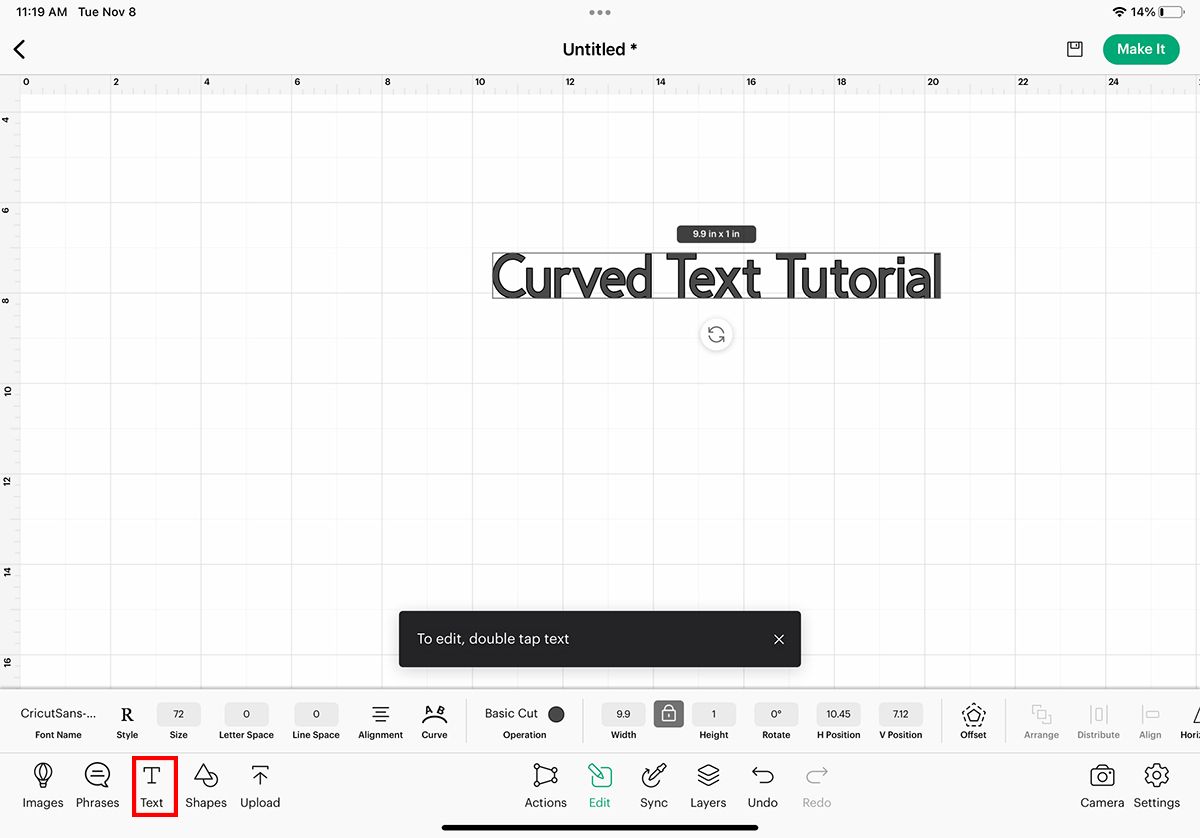 Text tool in Cricut Design Space app.
