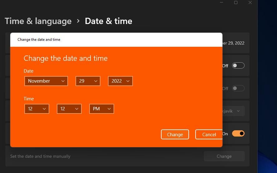 The Change the date & time window 