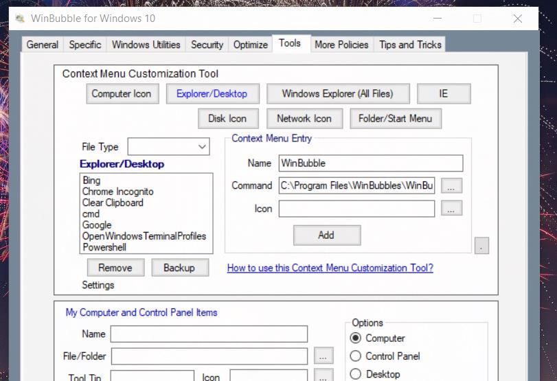 The context menu customization tool in WinBubble 