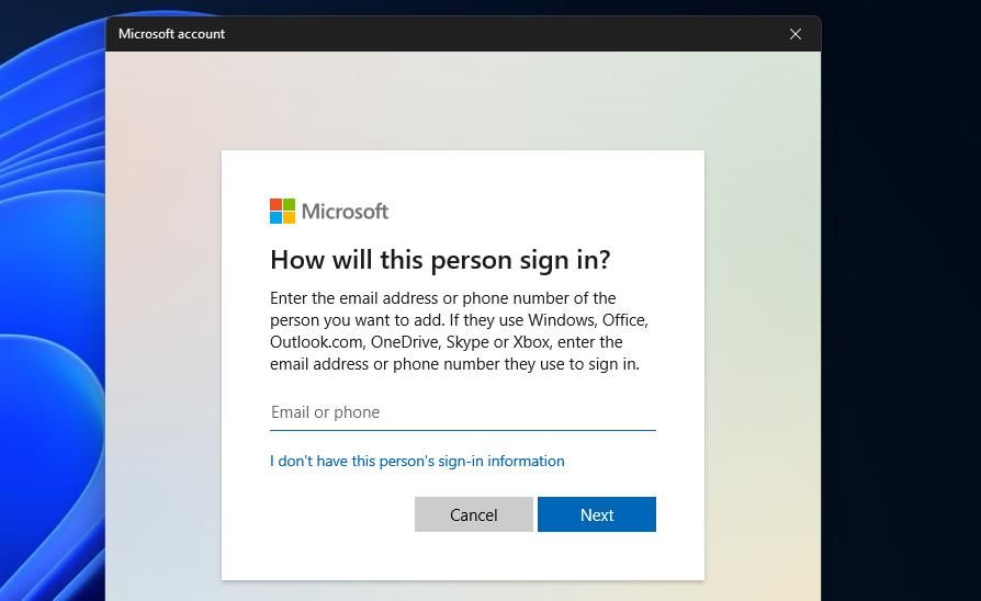 The I don't have this person's sign-in information option 