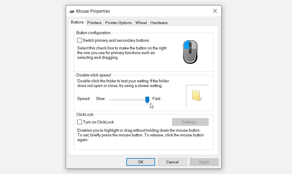 The mouse properties window