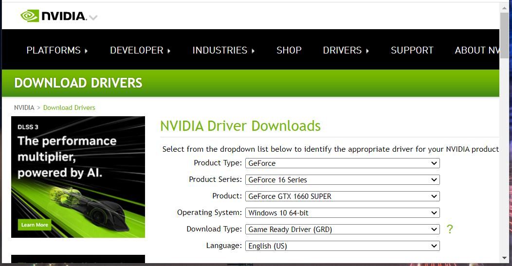 A página de downloads de drivers NVIDIA