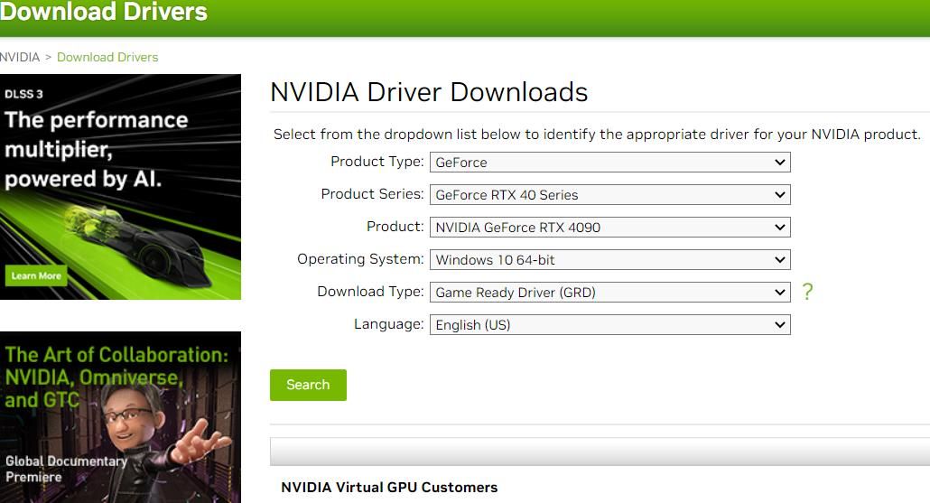 La pagina di download del driver NVIDIA