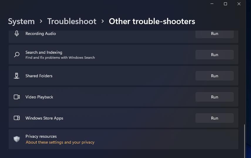 The Run button for the Windows Store Apps troubleshooter