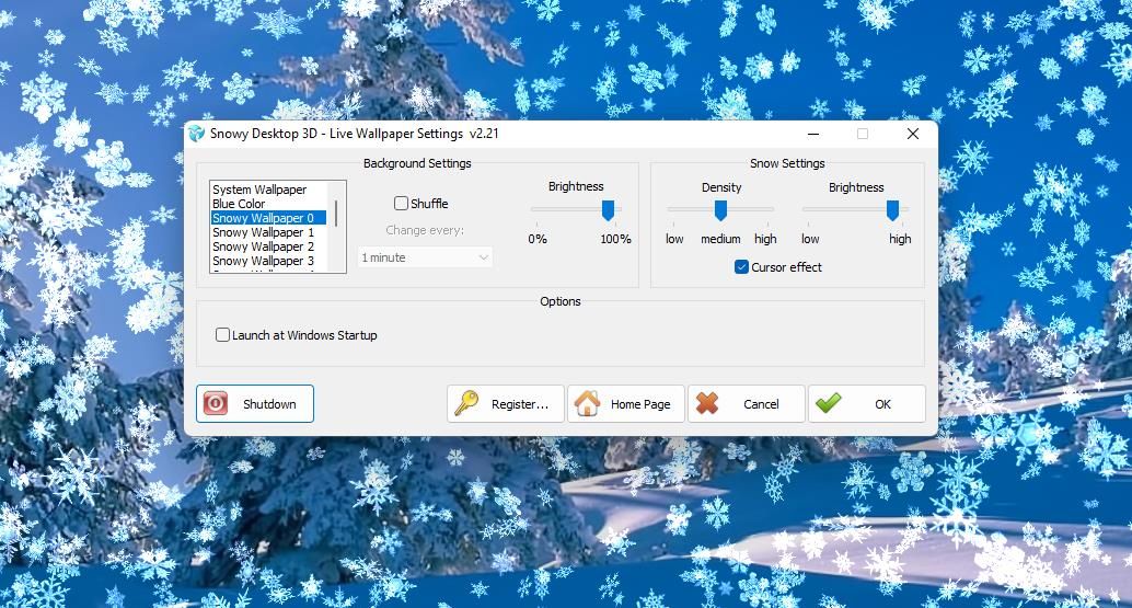 The Snowy Desktop 3D settings window 