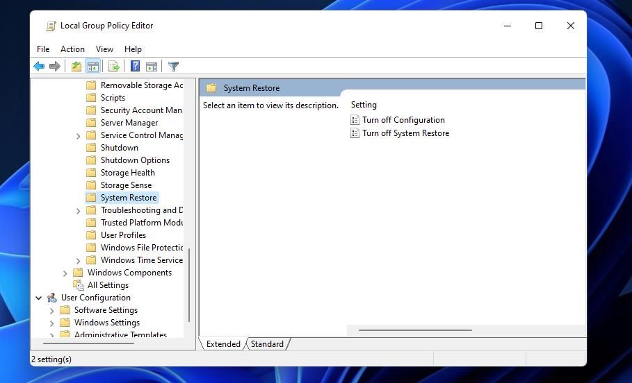 The Turn off System Restore option 