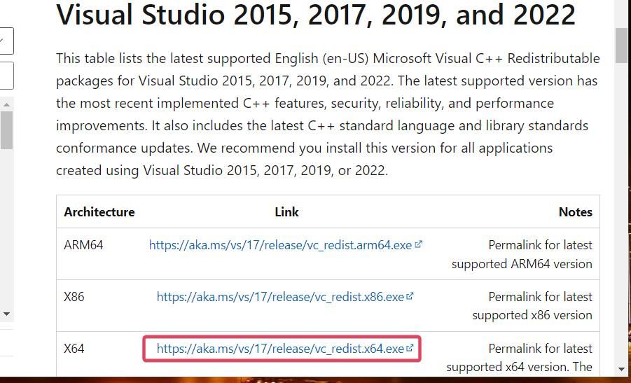 The X64 download link for Visual Studio 2015-2022