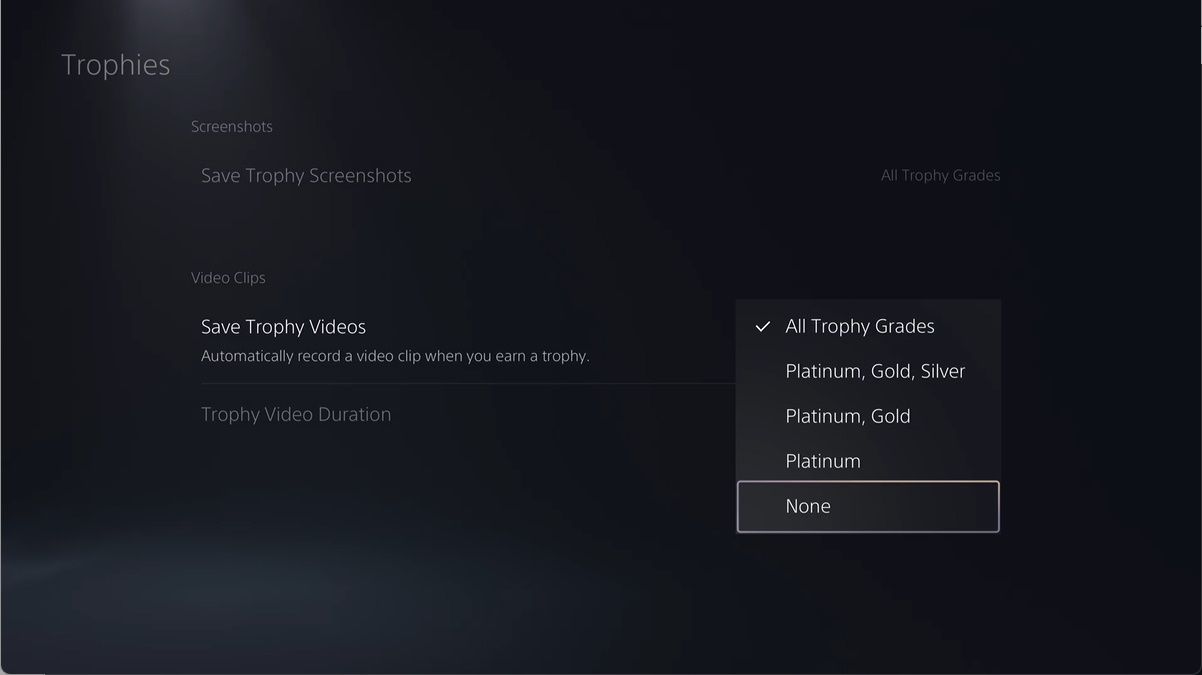 the trophies screen in the PS5 settings with the none option selected in the save trophy videos menu 