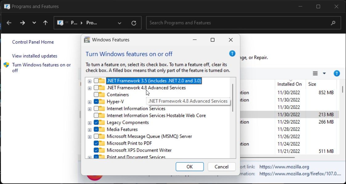 turn windows features on or off disable NET framework 3_5 4_8