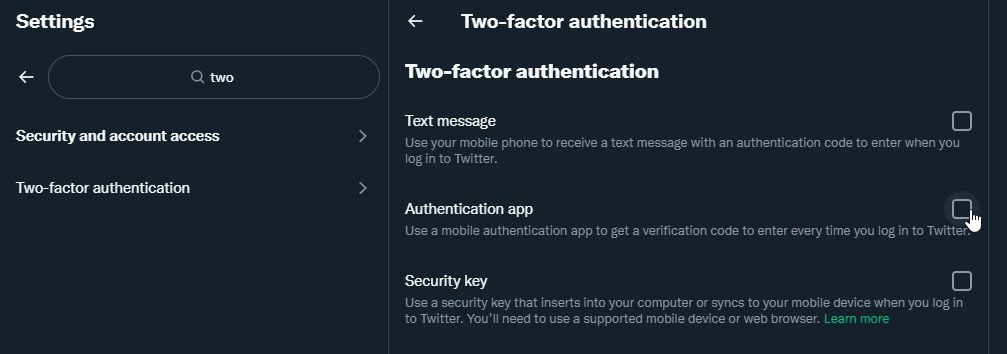 twitter two factor auth settings