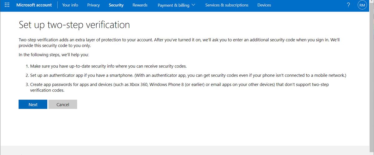 Microsoft account two step verification