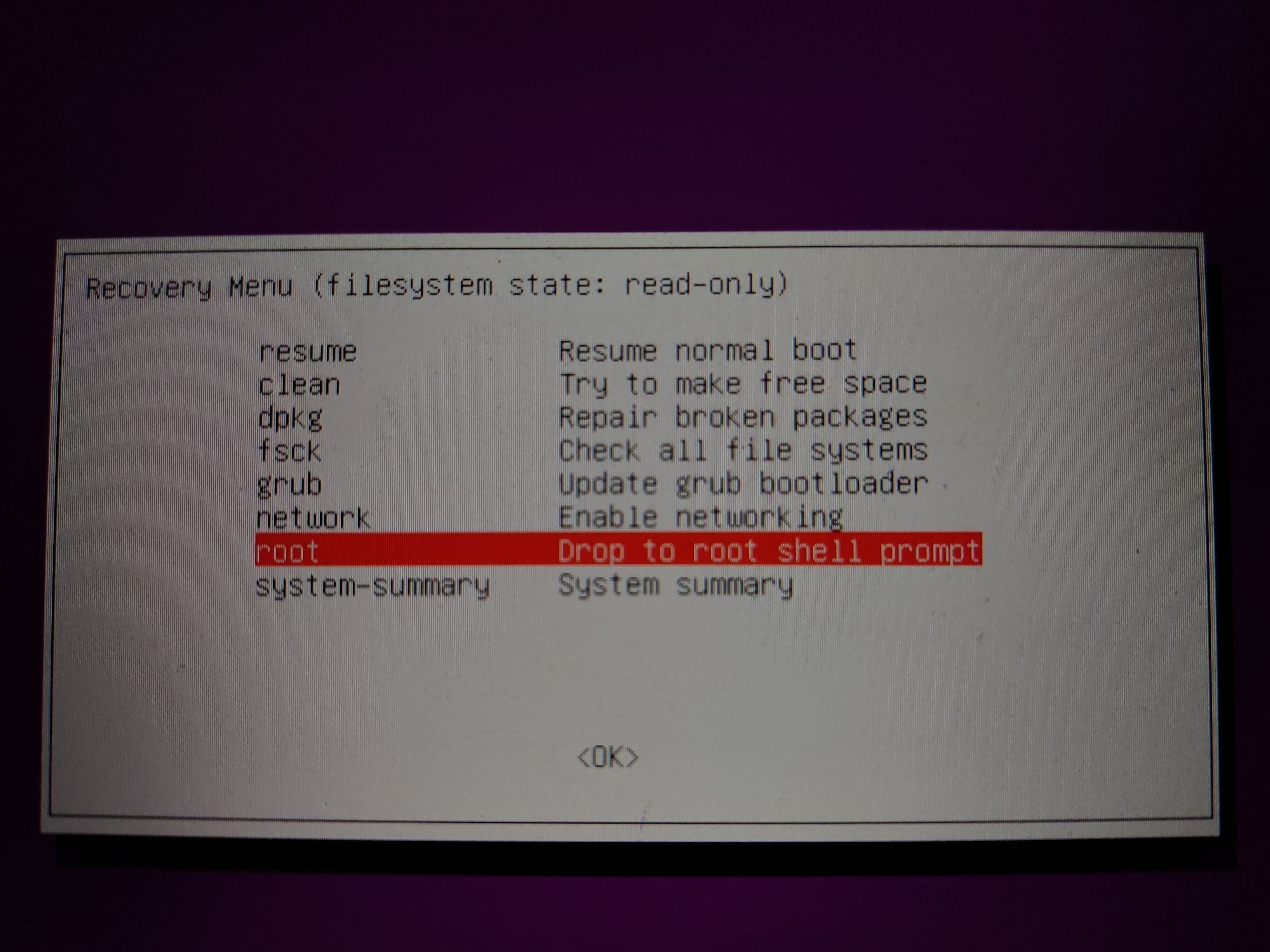 menu pemulihan ubuntu dengan 