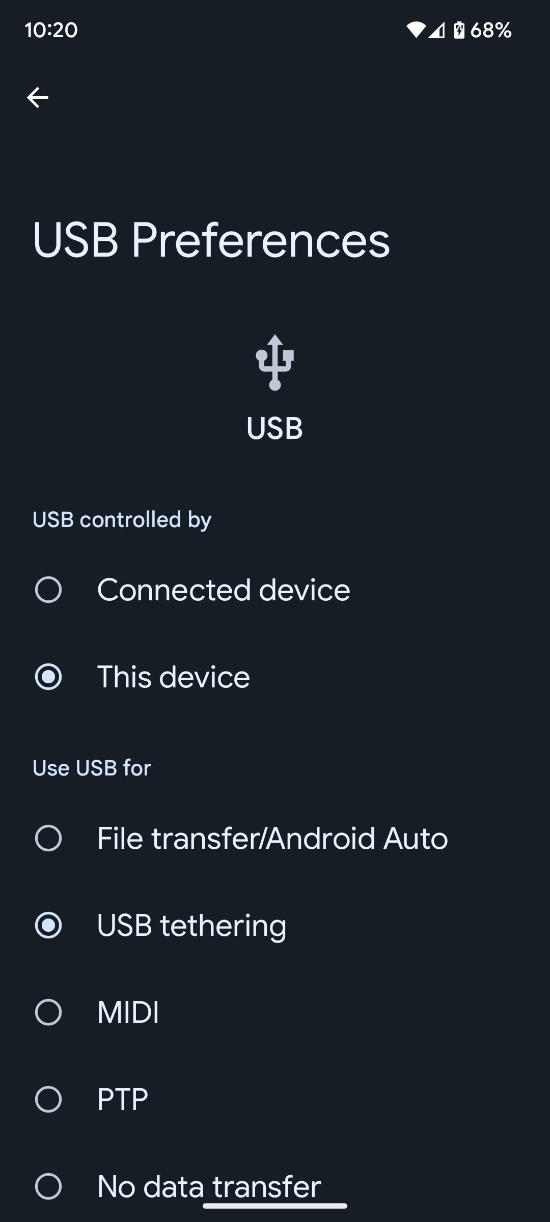 usb preferences android